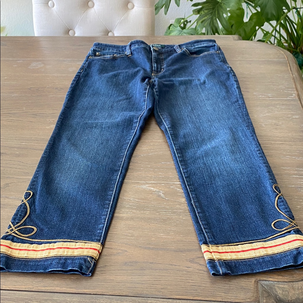 Ralph Lauren Denim Cropped Jeans With Gold And Red Trim